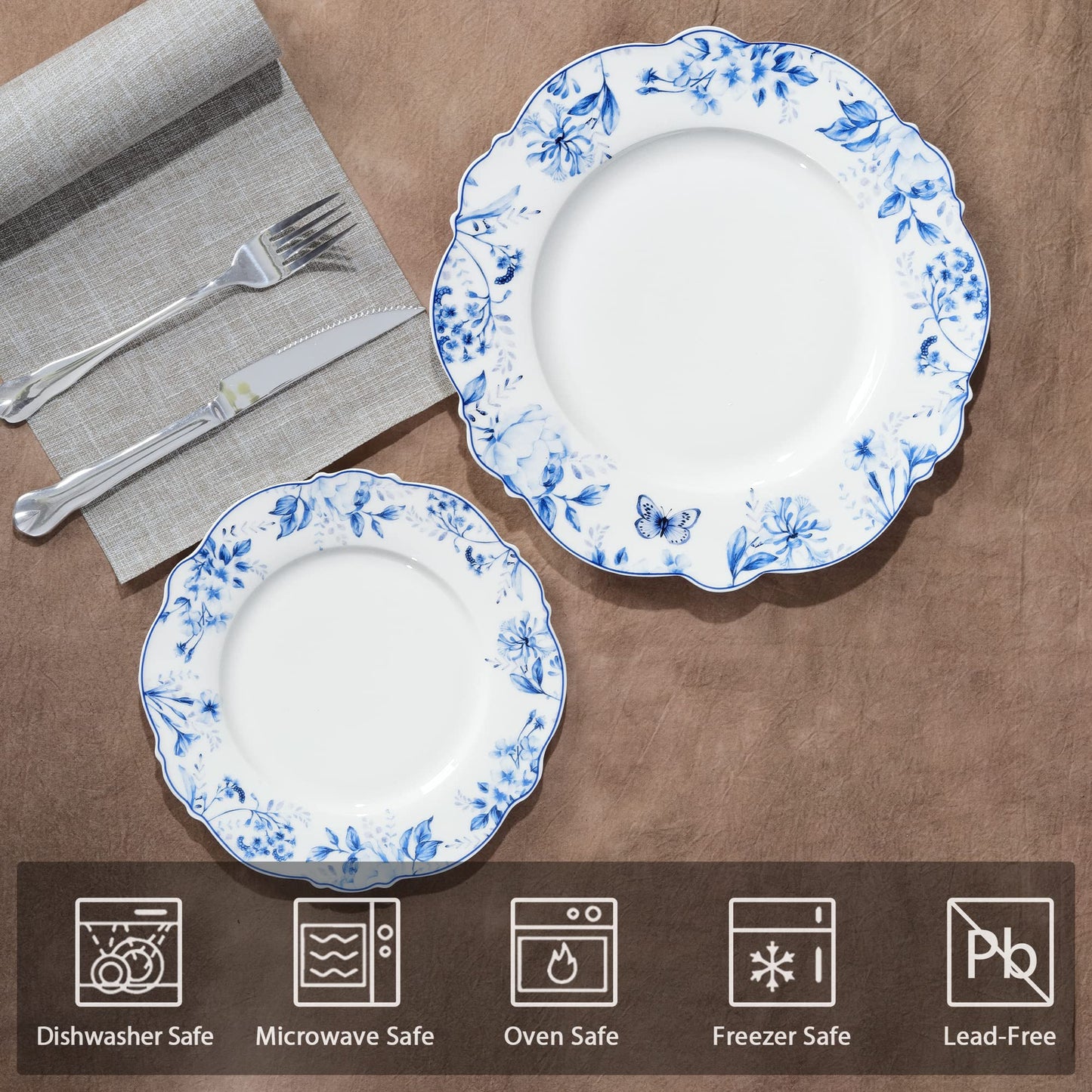 Light Blue Floral Porcelain Dessert Plates - Set of 4 (20.5cm)