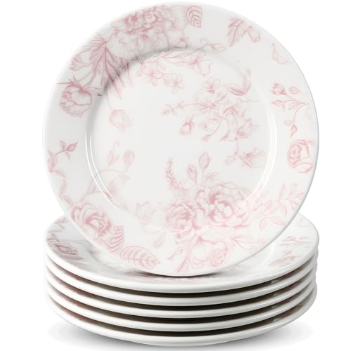Pink & White Floral Ceramic Plates - Set of 6 (6 Inch)