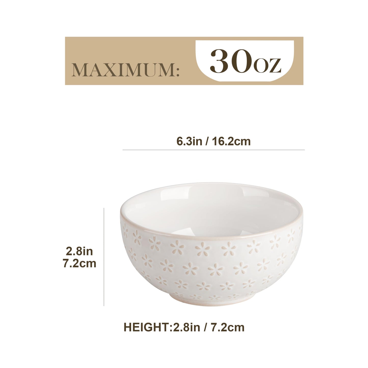 Stoneware Cereal Bowls Set of 4 - 30oz (6 Inch)