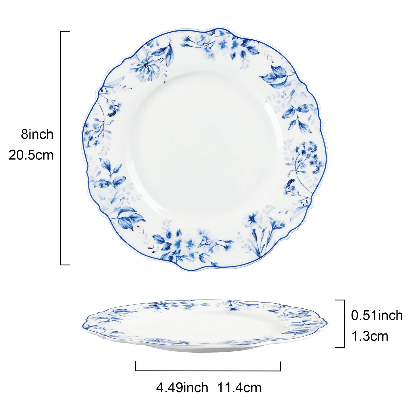 Light Blue Floral Porcelain Dessert Plates - Set of 4 (20.5cm)