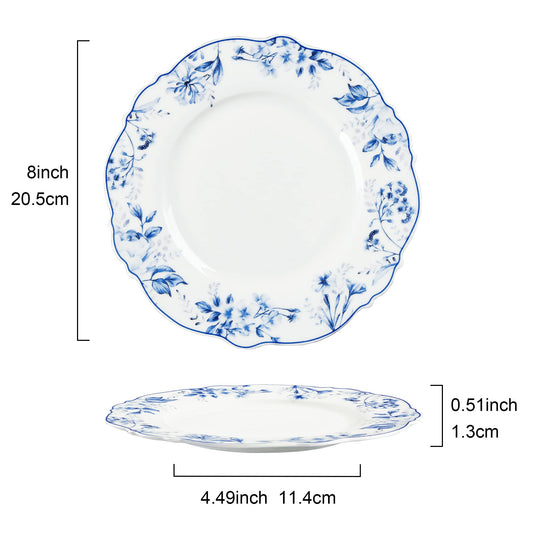 Light Blue Floral Porcelain Dessert Plates - Set of 4 (20.5cm)