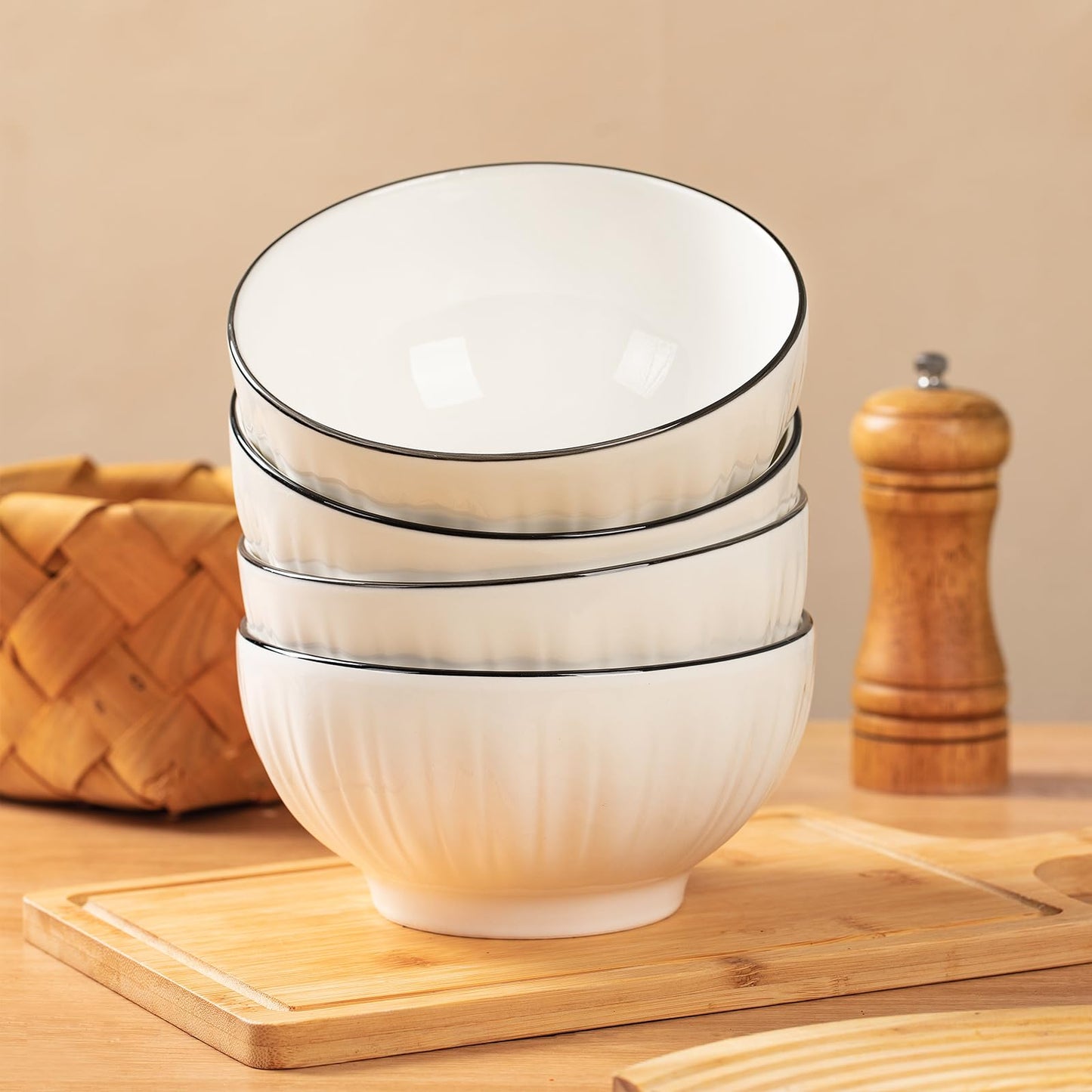 White Ceramic Cereal Bowls - Set of 4 (700ml, 15x8cm)