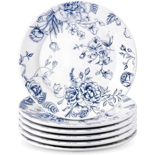 Blue & White Floral Ceramic Plates - Set of 6 (6 Inch)