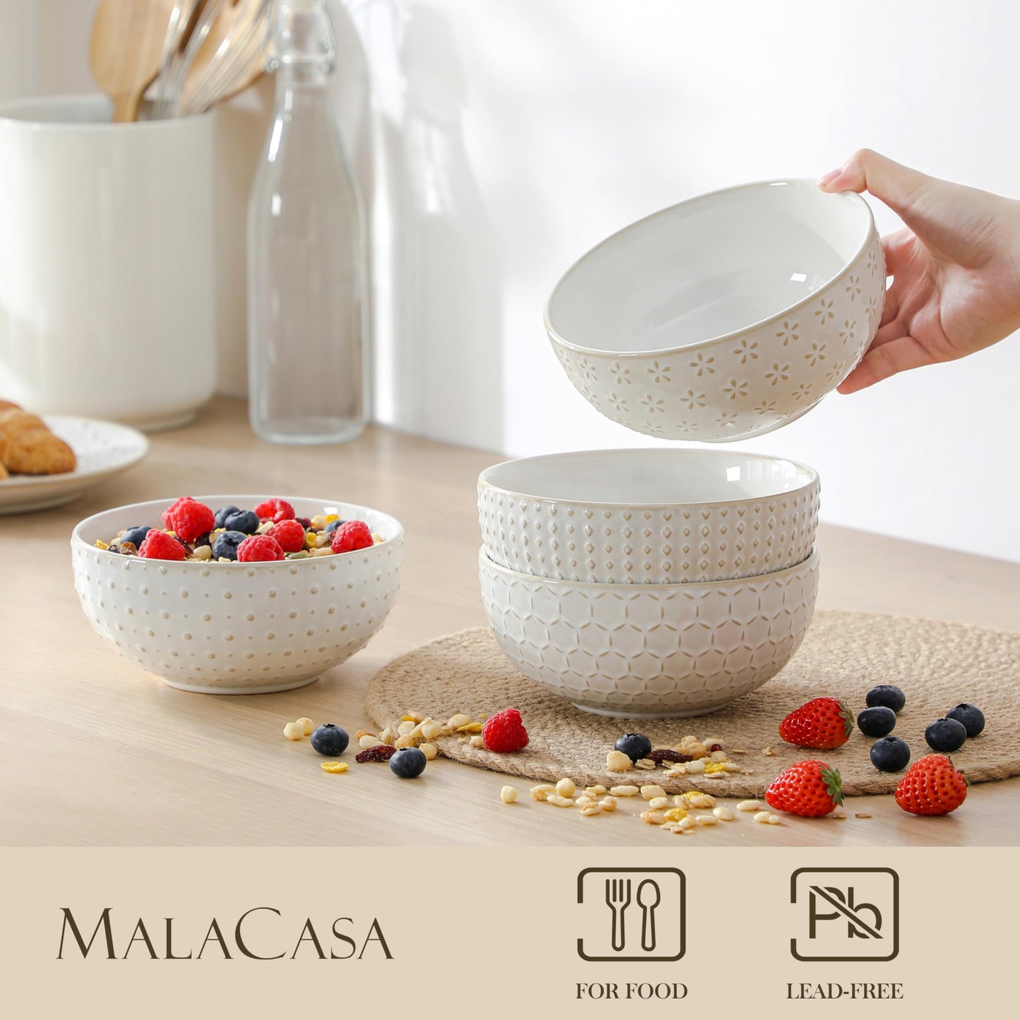 Stoneware Cereal Bowls Set of 4 - 30oz (6 Inch)