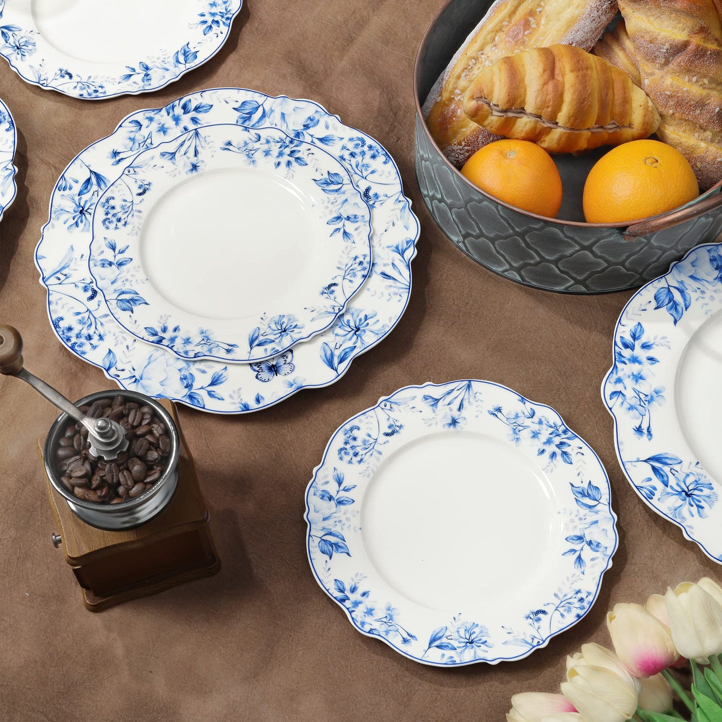 Light Blue Floral Porcelain Dessert Plates - Set of 4 (20.5cm)